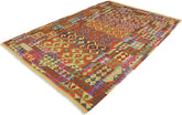 Flat Weave Kilim Antique Navaho Vintage handmade Geometric Kilim Red Green Hand-Woven Rectangle 100% Wool Area Rug 7x10